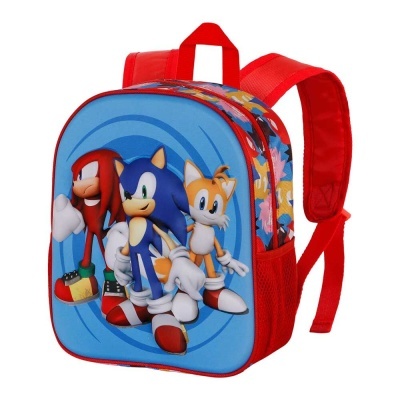 Mochila infantil azul e vermelha com personagens Sonic, Knuckles e Tails