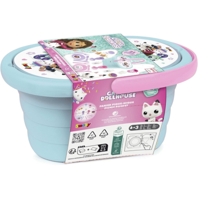 Cesta de brincar dobrável azul claro com pega rosa e personagens animados