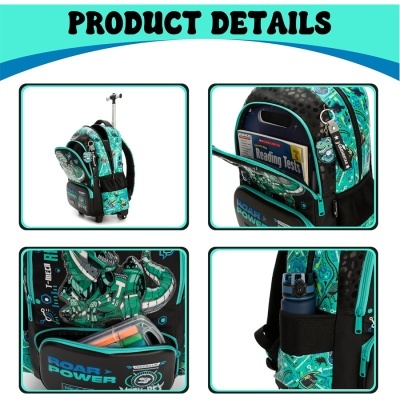 Mochila com carrinho, design de dinossauro robótico e cores azul, verde e preto.