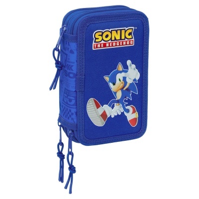Estojo azul com imagem do Sonic e texto SONIC THE HEDGEHOG