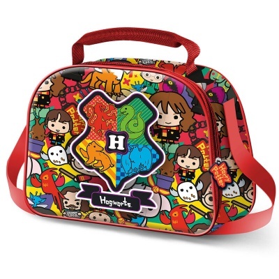 Mala colorida com tema Hogwarts e personagens desenhados
