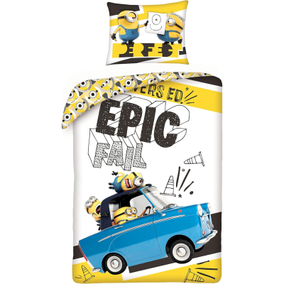 Conjunto de roupa de cama infantil com Minions, carro azul e texto em amarelo e branco