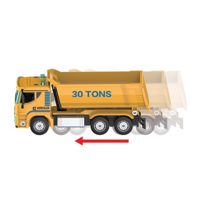 Camião basculante amarelo com texto 30 TONS e seta vermelha