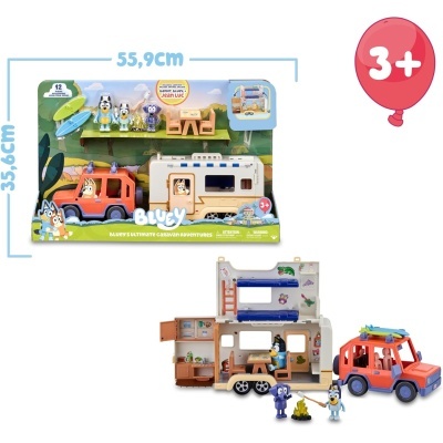 Brinquedo carro e caravana Bluey com figuras e acessórios, embalagem colorida