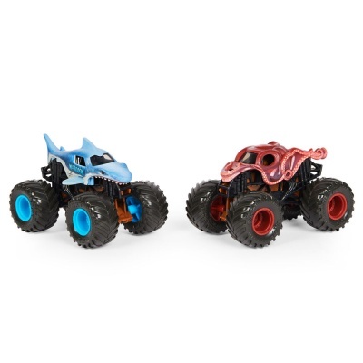 Dois carrinhos de brinquedo Monster Truck azul e vermelho com formas de tubarão e polvo