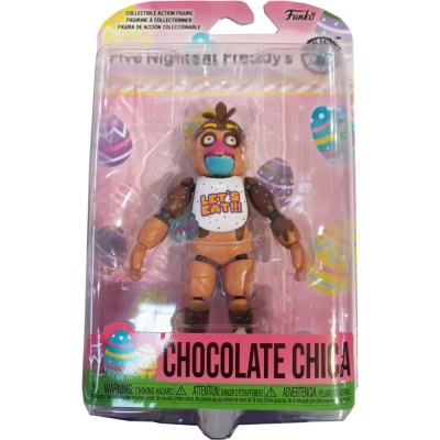 Figura colecionável Chocolate Chica Five Nights at Freddy's em embalagem blister com fundo rosa e ovos coloridos