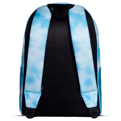 Mochila com costas e alças almofadadas em malha preta e azul claro com padrão de nuvens