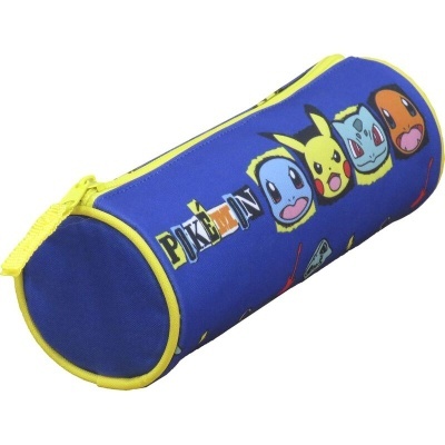 Estojo cilíndrico azul com personagens de Pokémon e detalhes amarelos
