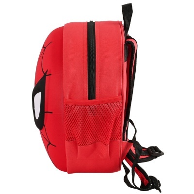 Mochila vermelha Homem-Aranha vista lateral com bolso em rede