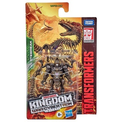 Figura Transformers Kingdom War for Cybertron selada em embalagem laranja e preta com dinossauros e texto visível
