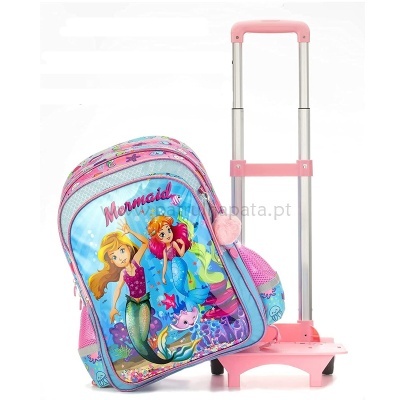 Mochila de rodinhas infantil com desenho de sereias coloridas e estrutura rosa