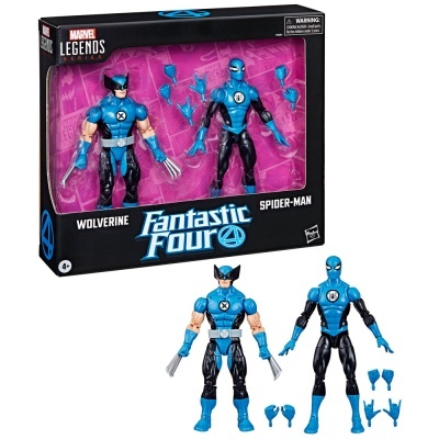 Figuras de ação Marvel Legends Wolverine e Spider-Man da Fantastic Four em embalagem preta e rosa.