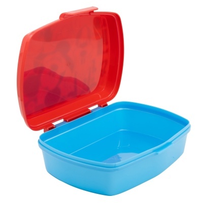 Caixa de plástico azul com tampa vermelha aberta