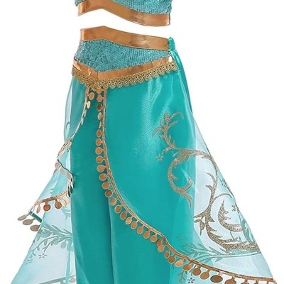 Fato de fantasia infantil azul turquesa com detalhes dourados