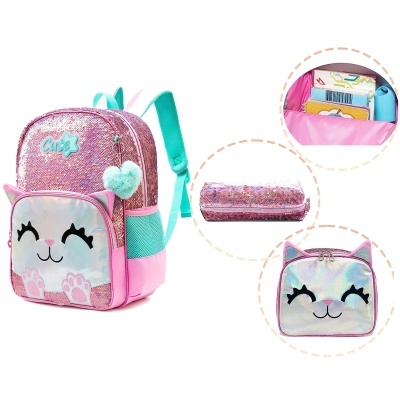 Mochila rosa com glitter e design de gato acompanhada por estojo e bolsa