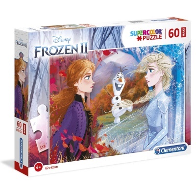 Caixa de puzzle Disney Frozen II com 60 peças e imagem das personagens Anna, Olaf e Elsa