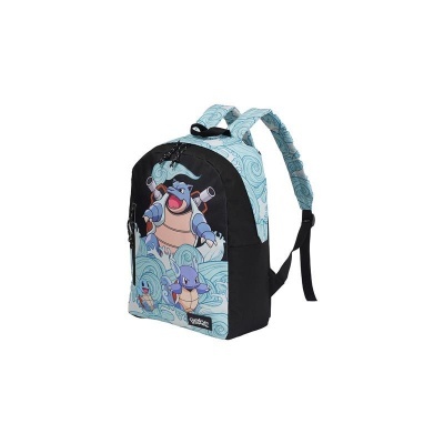 Mochila preta e azul com desenhos de personagens e ondas