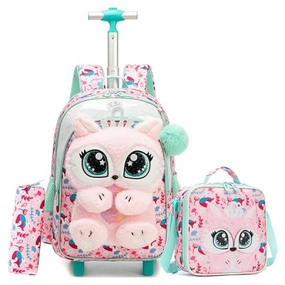 Mochila com rodas, lancheira e estojo rosa com padrão de flamingos e aplique de animal felpudo
