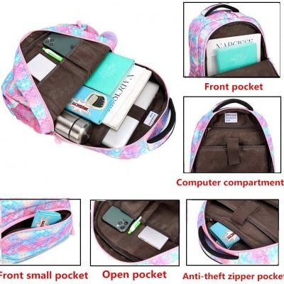 mochila colorida com vários bolsos e compartimentos abertos mostrando artigos escolares