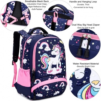 mochila azul escura e rosa com padrão de unicórnio e estrelas
