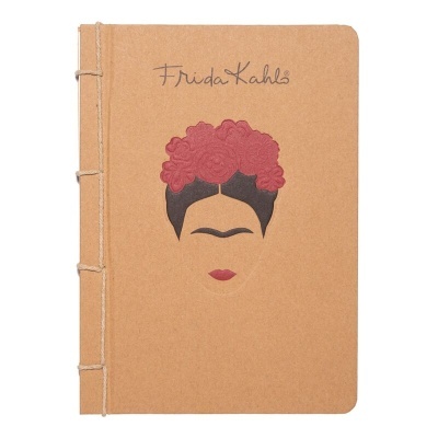 Caderno castanho com imagem minimalista de Frida Kahlo e texto na capa
