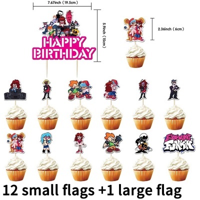 Bandeiras decorativas para cupcakes com tema de personagens e frase Happy Birthday