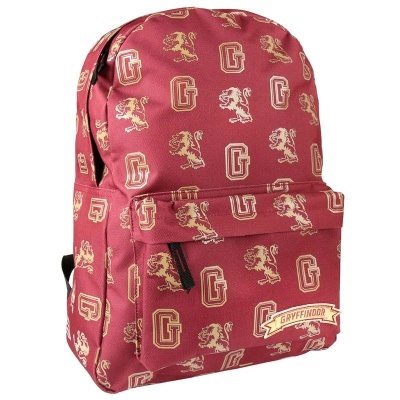 Mochila vermelha com padrões dourados e brancos, bolso frontal e etiqueta GRYFFINDOR