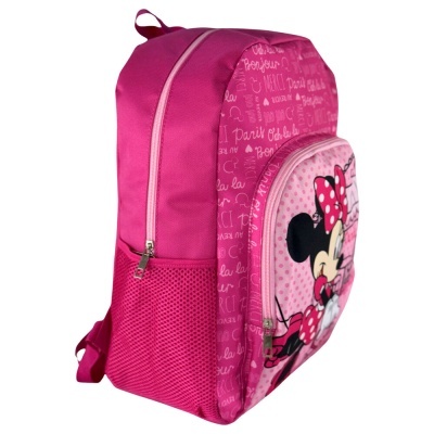 Mochila rosa com estampa da Minnie e bolsos laterais
