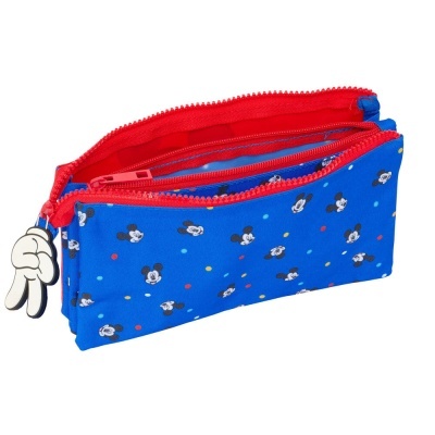 Estojo azul com padrão Mickey Mouse e fecho vermelho
