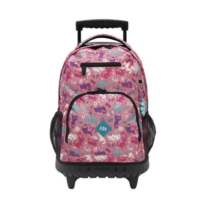 mochila rosa com padrão de gatos coloridos e rodas