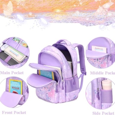 Mochila lilás com bolsos e padrão de borboletas