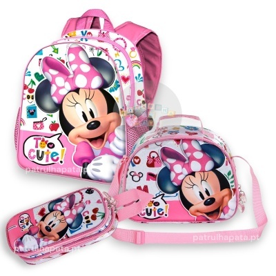 Mochila, bolsa e estojo infantis com estampa da Minnie Mouse, cores rosa e branco.