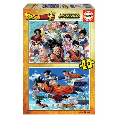 Caixa de 2 puzzles Dragon Ball Super com 100 peças cada e imagens coloridas dos personagens