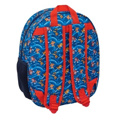 Mochila infantil azul com padrão e alças vermelhas