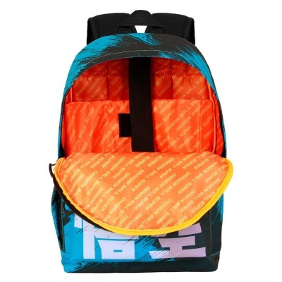 Mochila azul com interior laranja e padrão DRAGON BALL SUPER
