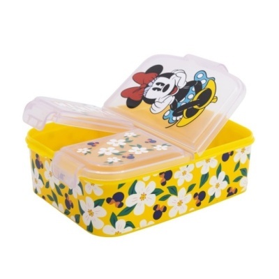 Marmita de plástico amarela com flores e imagem da Minnie Mouse na tampa