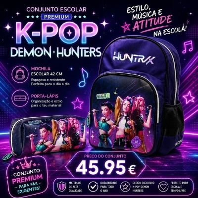 Conjunto escolar K-POP Demon Hunters com mochila azul escura e porta-lápis com personagens animadas