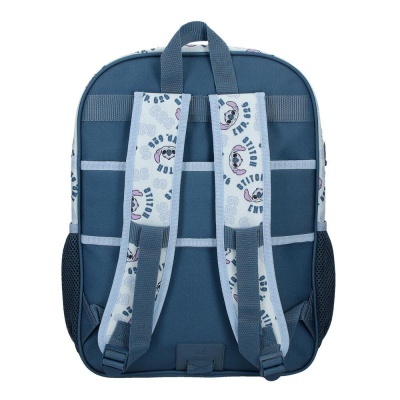 Mochila azul com alças estampadas e bolsos laterais em rede