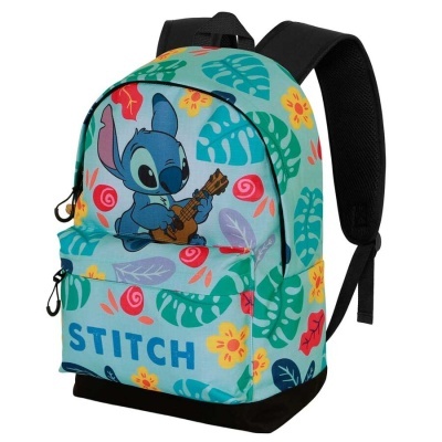 Mochila colorida com personagem Stitch tocando ukulele e padrão de folhas e flores