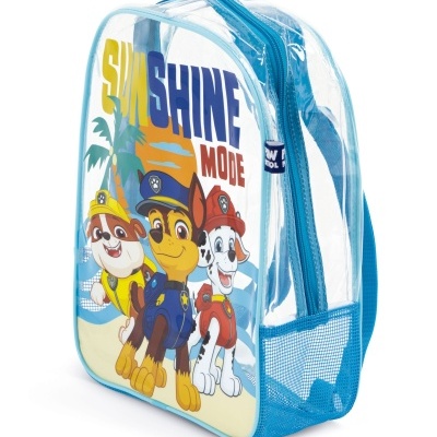 Mochila infantil transparente com estampa de cães e texto SUNSHINE MODE