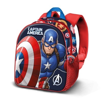 Mochila infantil com estampa do Captain America e escudo vermelho, branco e azul