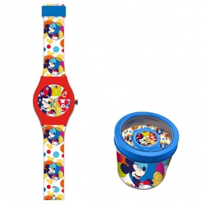 Relógio de pulso e caixa com estampa do Mickey Mouse coloridos