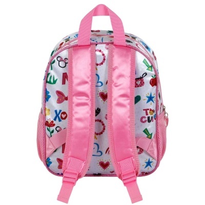 Mochila infantil cor-de-rosa com estampas coloridas diversas vista de trás