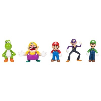 Figuras de ação Mario, Wario, Luigi, Yoshi e Waluigi sobre fundo branco