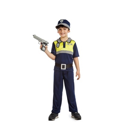 Fato de polícia infantil azul com faixa amarela fluorescente, boné, cinto e arma de brinquedo