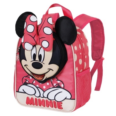 Mochila infantil rosa com estampa da Minnie e laço de bolinhas brancas