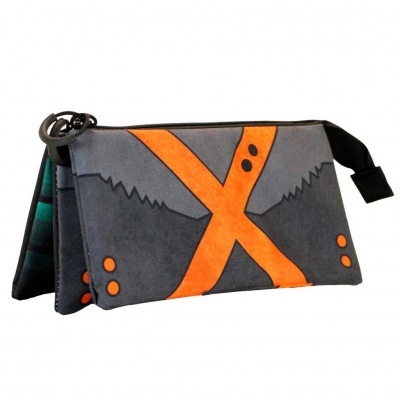 Carteira cinzenta com padrão laranja e fecho zipper preto