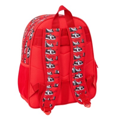 Mochila vermelha com estampado de carros de corrida nas alças