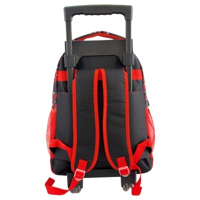 Mochila preta com detalhes vermelhos e carrinho retrátil