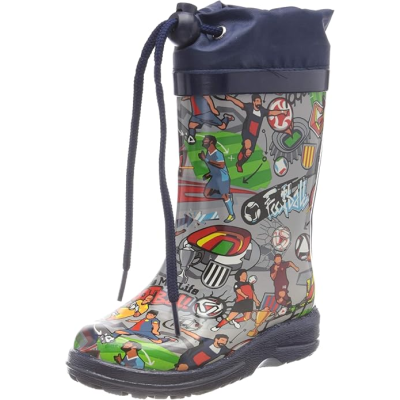 Bota de chuva infantil azul com estampado de futebol e cordão no topo